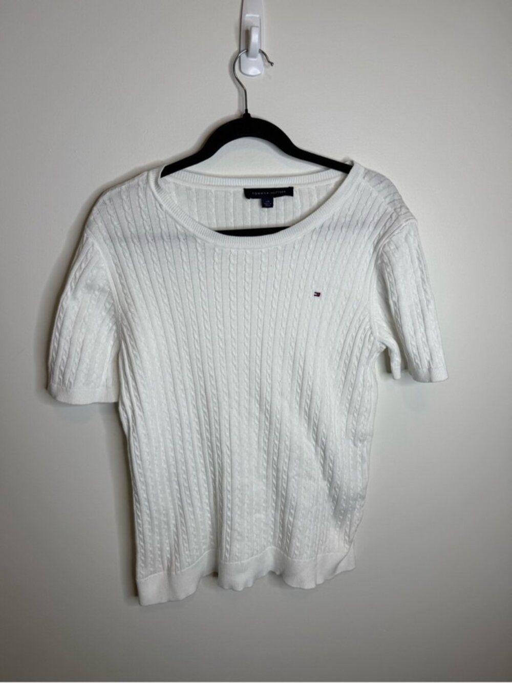 Tommy Hilfiger White Cable-Knit Crew Short Sleeve Sweater size large